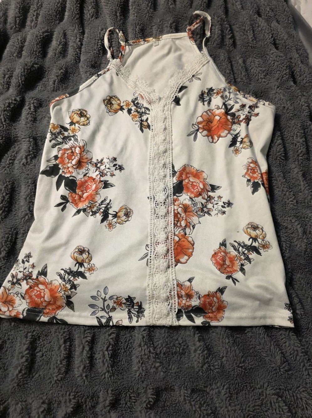 SHEIN White Tank Top with Orange Floral Print and Lace Trim